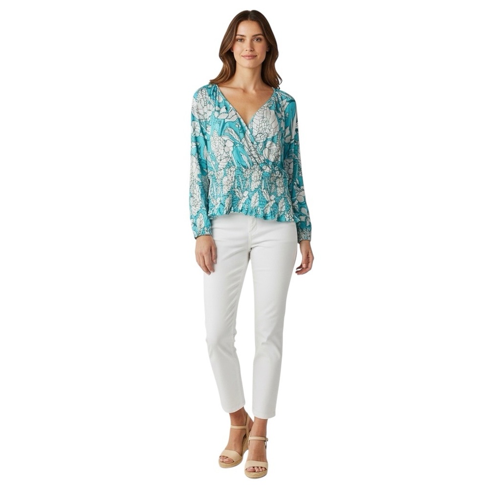 LANE BRYANT Vibrant Soft Stretch Floral Smocked Top in Teal/White  Size 18/20 - Picture 8 of 8
